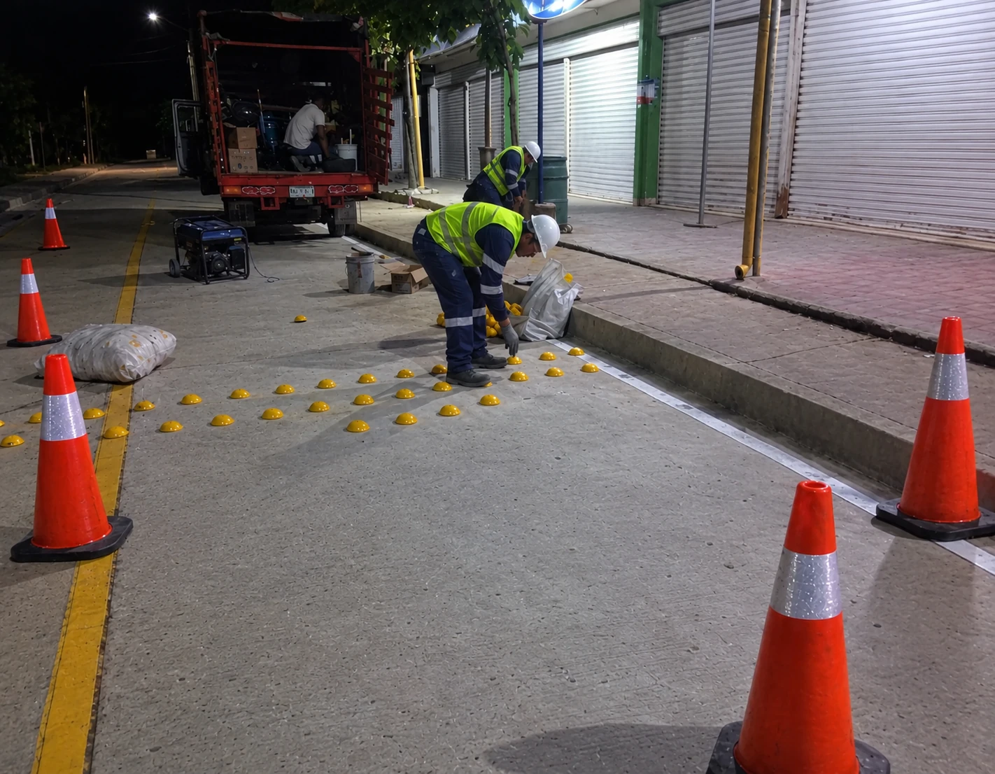 Estoperoles plásticos siendo instalados en la vía